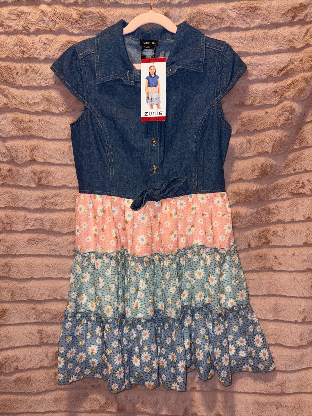 Zunie Denim Top Dress with Pink, Light Blue & Dark Blue Floral Tiers